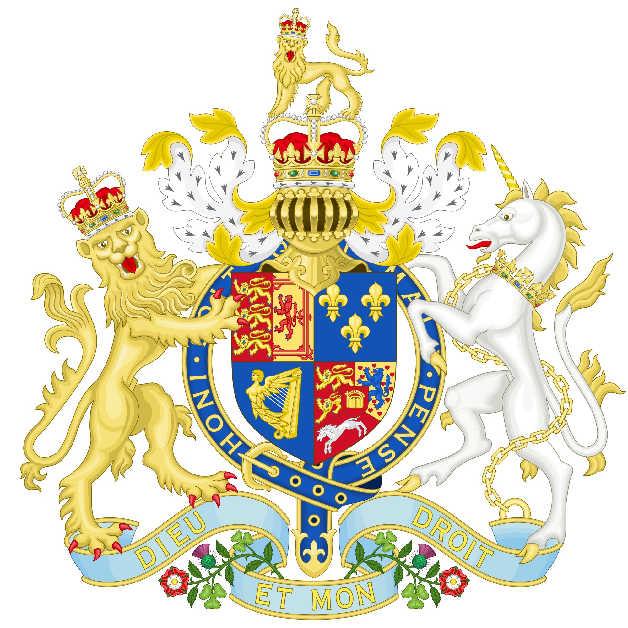 这是英国国徽,简单的介绍一下: 两只动物中,左边戴皇冠的狮子是指