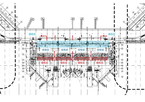 我们来看一下深圳机场的平面布局: l4层(旅客值机层及国内出发安检层