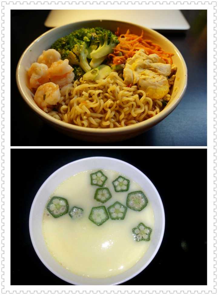 即便是泡面,多配一些菜,花一分钟摆个盘~蒸鸡蛋的时候切几片秋葵扔