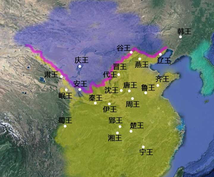 我做了一张图,图中是朱元璋分封的儿子们的封地 黄色地区为汉人传统