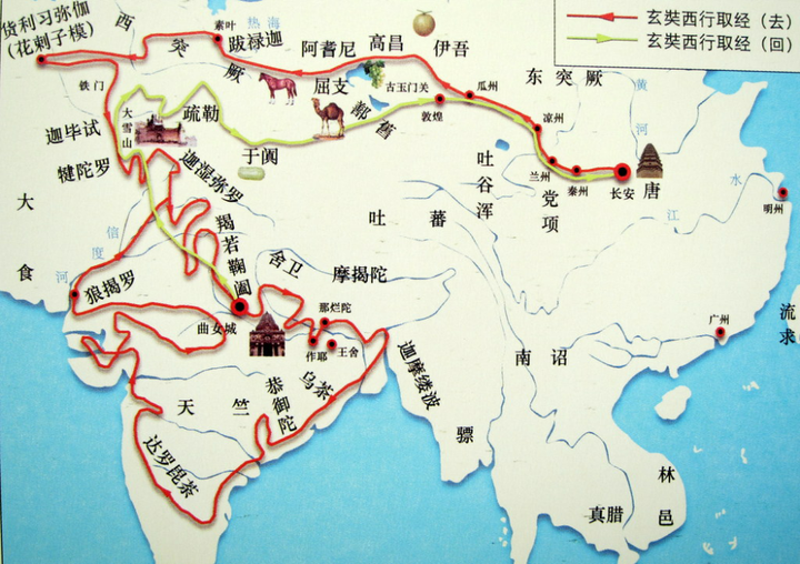 稍微提一下《西游记》之外,玄奘西行的路线,大致图如下