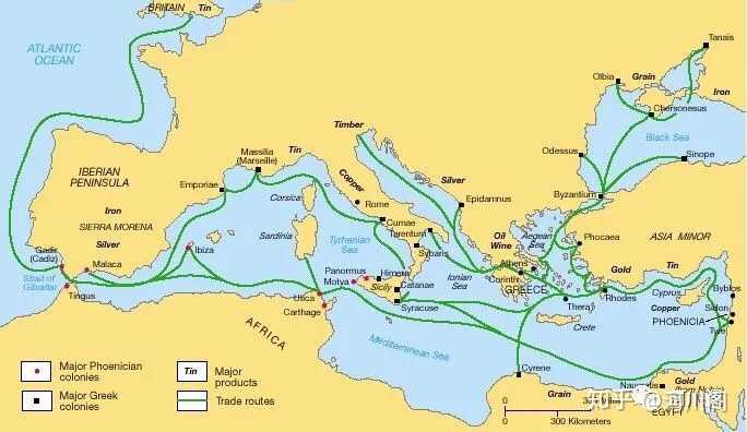 腓尼基人的贸易路线,最远甚至到达了今天的大不列颠岛.