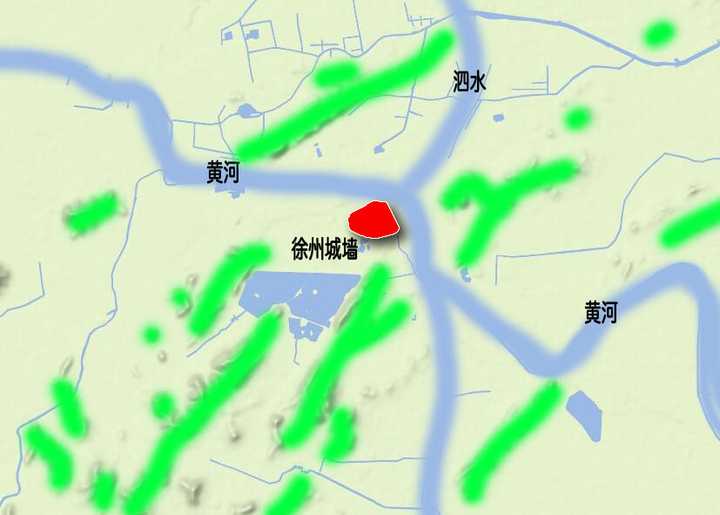 城,为直观表现,山脉我用绿色表示,红色为徐州城(古徐州城),蓝色为泗水