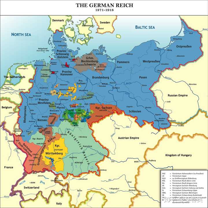 德意志帝国(1871–1918);蓝色部分为普鲁士王国.