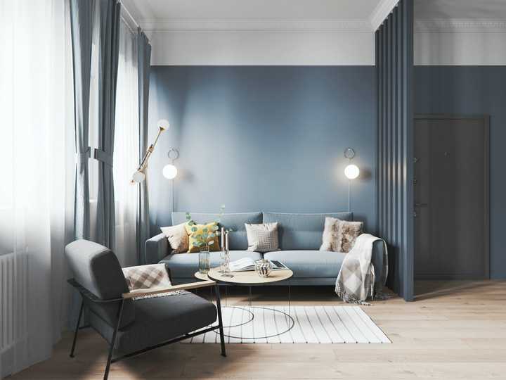 灰蓝色墙面配什么颜色的家具和窗帘?