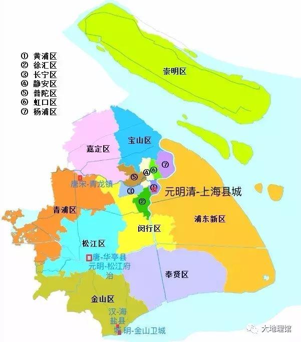 上海行政区及历代重要城址位置图 大地理馆-标注