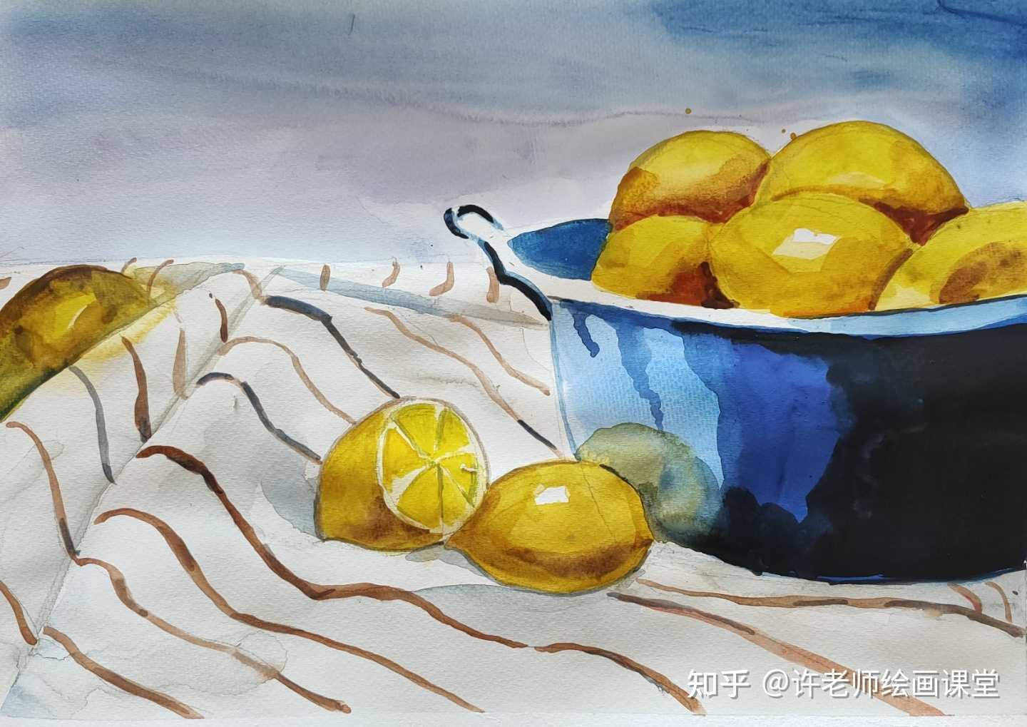 许老师绘画课堂 的想法 水彩画静物柠檬,按三步骤画完,柠檬的色