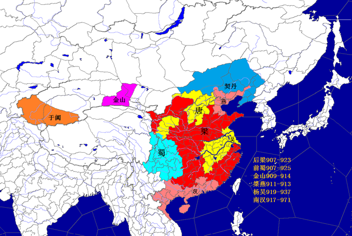 梁晋争霸时只有3国:梁朝( 燕 北平 赵 楚 吴越 岭南),残唐(晋王 吴王