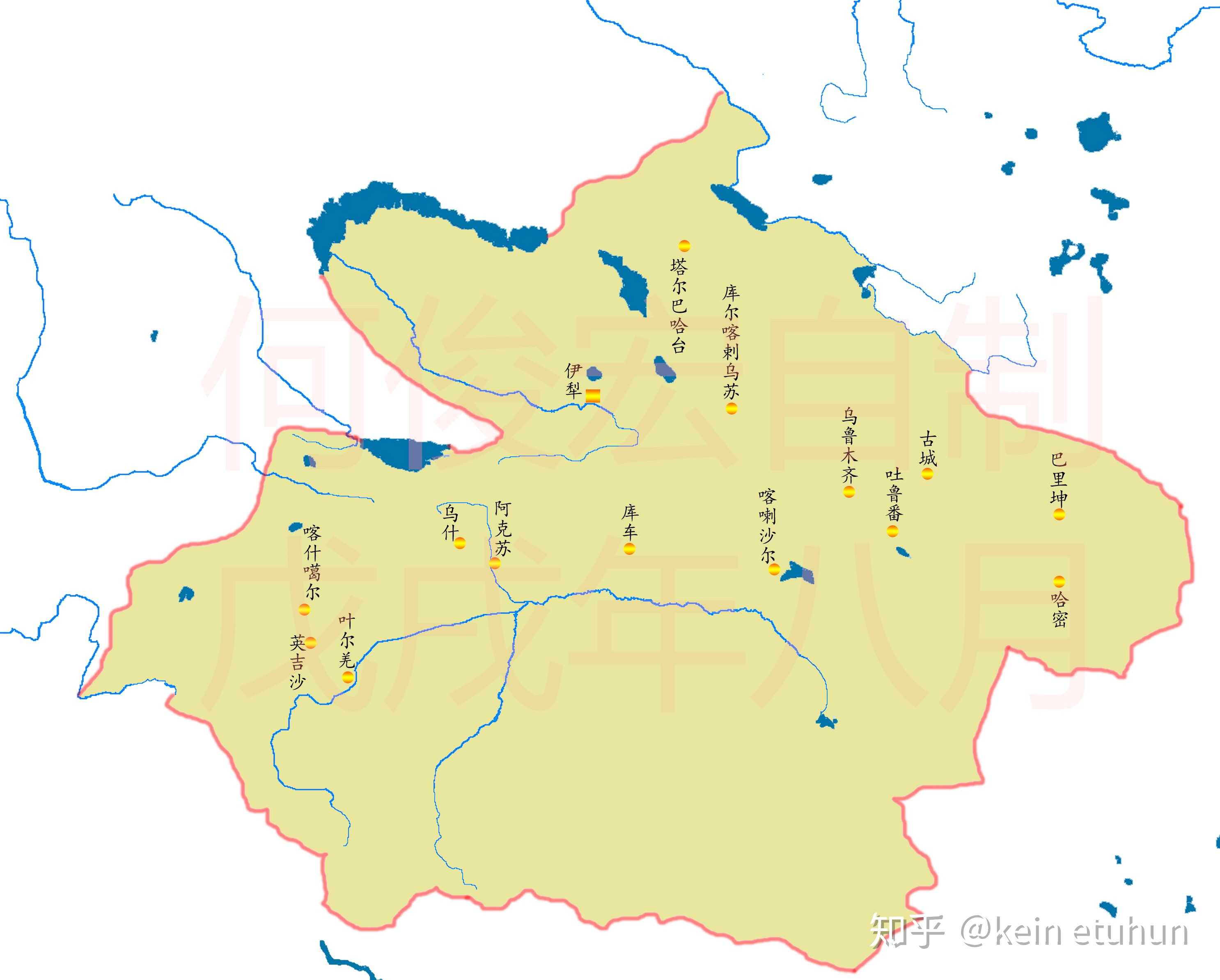 西南伊塞克湖以北原属布鲁特蒙古部落的游牧地已被中亚浩罕国事实控制