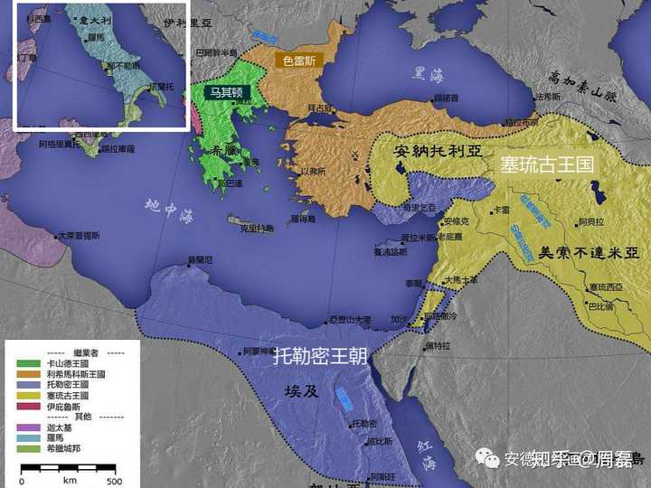 庞大的亚历山大帝国被他的继任者们分裂成四个希腊化的国家:马其顿