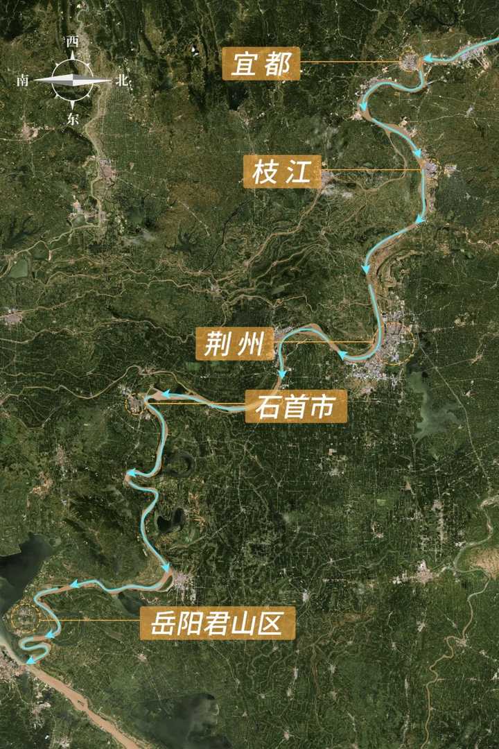 长江荆江河段的弯曲河道,底图源自@esri image map