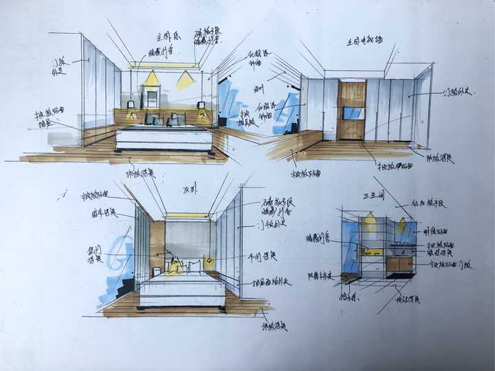 主卧及卫生间手绘效果图.