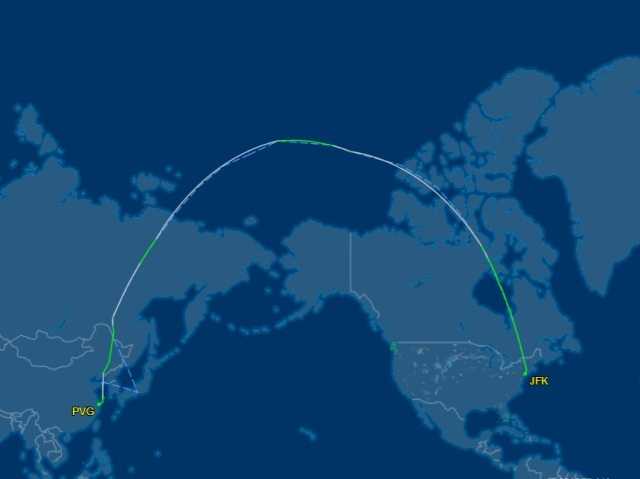 2018年1月20日,东航mu588航班(纽约—上海)实际飞行路线图