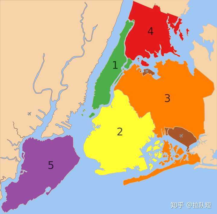 和上面的各个城市不同 纽约的行政区划看起来就干干净净 因为独占五个