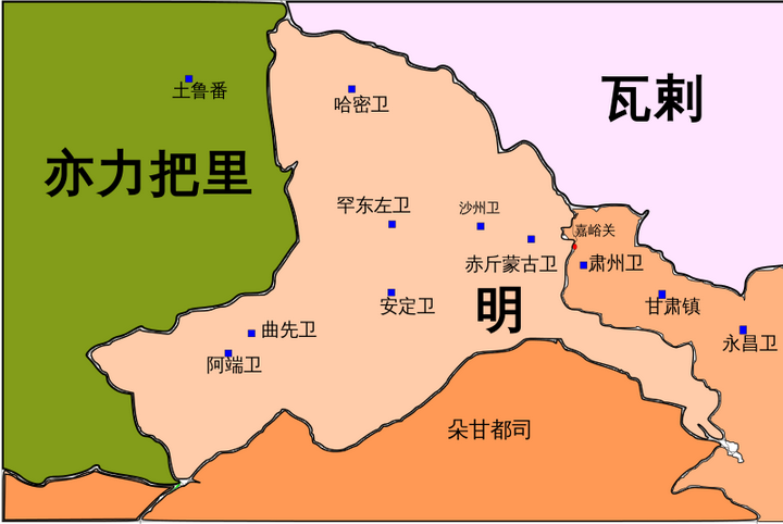 其中最西北的就是哈密卫.西北的就是吐鲁番汗国.