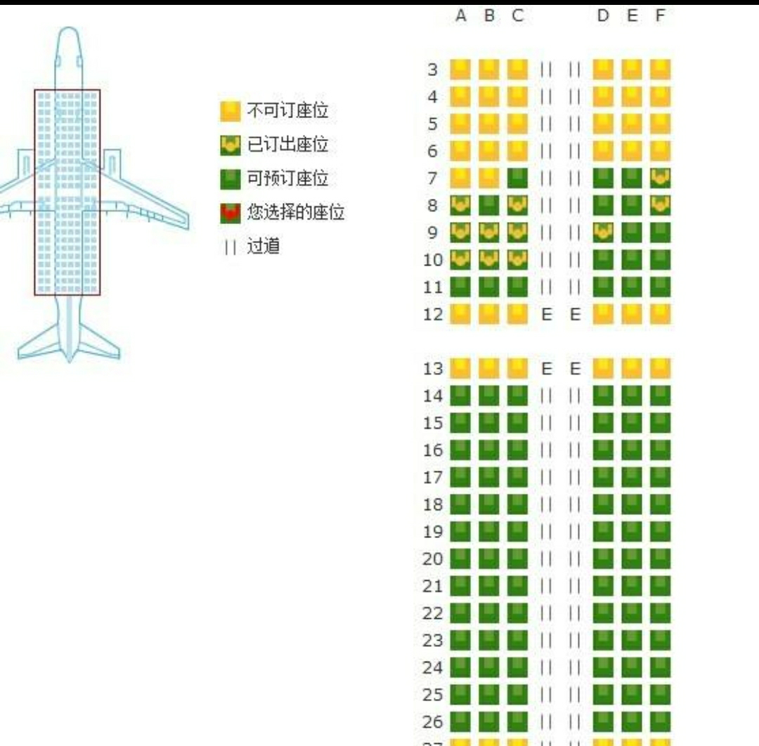 每一排a和f靠窗,d和c靠过道飞机的座位图大概是这样然后每一排座位
