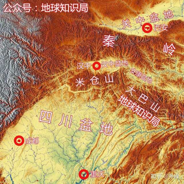 关中与四川盆地相隔着秦岭,汉中盆地,大巴山,蜀道也因此分为两段:关中