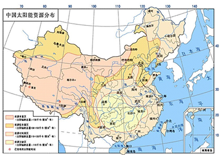 中国太阳能资源分布示意图