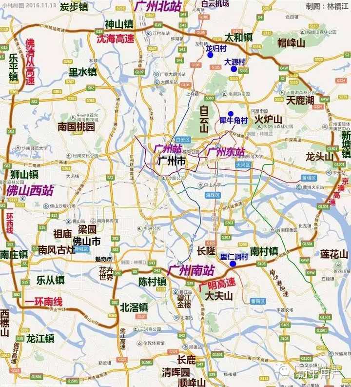 佛山市中心全在广州绕城高速以内,广州南站被戏称为佛山东站