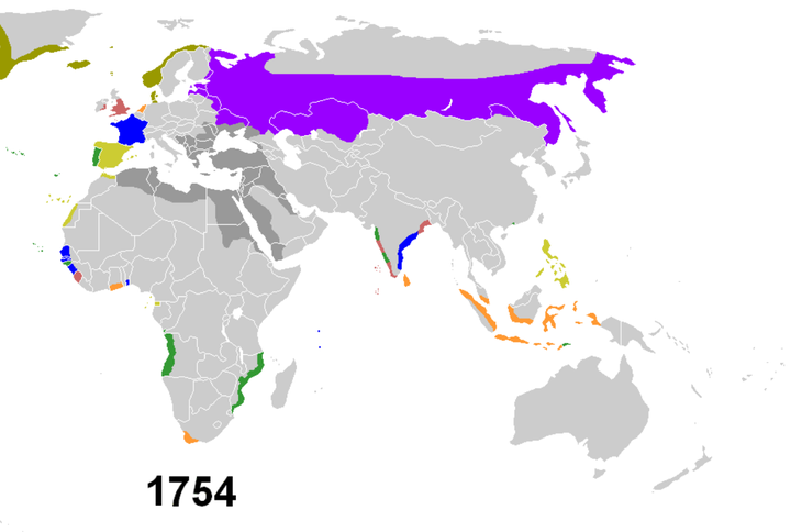 到1754年时,英法开始角逐印度,莫卧儿帝国虽然衰落了,但各地土邦仍有