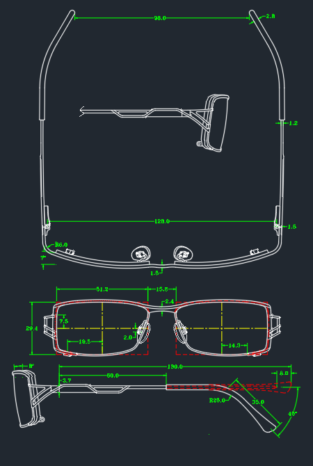 我这里还附一份简单点的眼镜三视图给你参考一下.