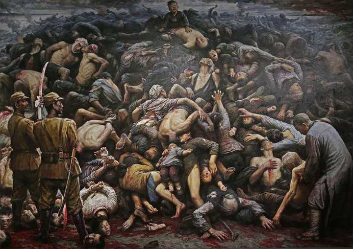 照片太残酷,不忍放上来.图为李自健油画作品《南京大屠杀》.