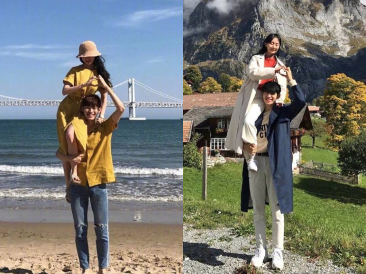女生被抱起之后,可以抚着男朋友的脸,这样正好遮住他龇牙咧嘴的表情