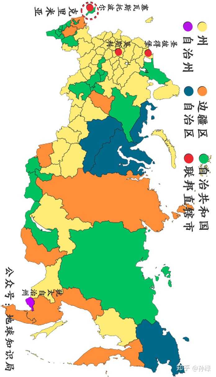 俄罗斯是由22个自治共和国,46个州,9个边疆区,4个自治区,1个自治州,3