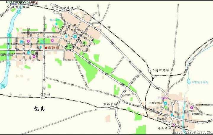 蓝色:包头市青山区,北方重工的大致范围. 地图最下方即黄河.