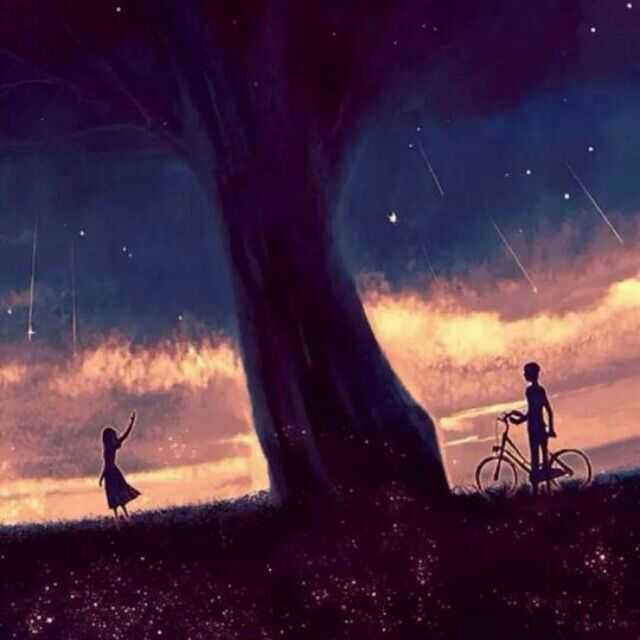 这张图片代表什么?夜幕下一个女孩背着身挥手,男孩托着自行车在树下?