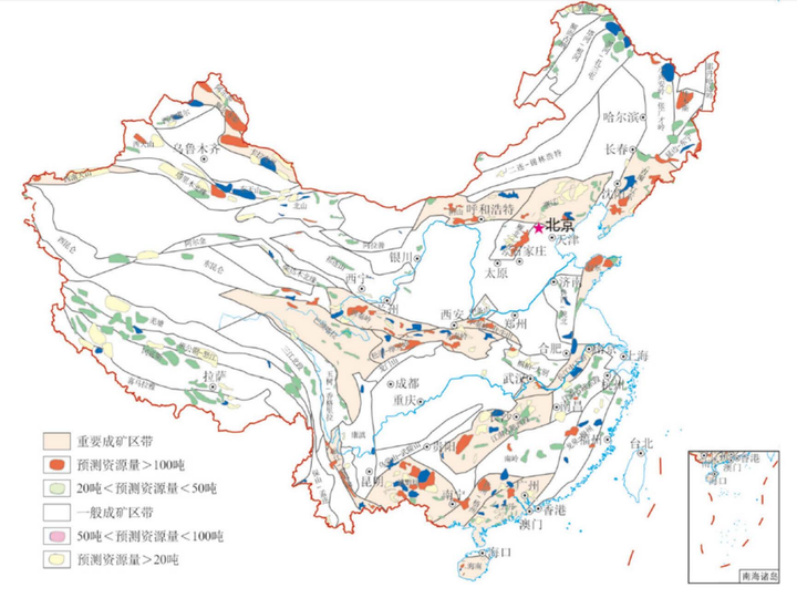中国金矿成矿带分布图