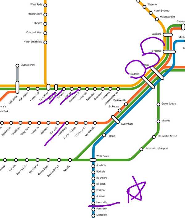 这是悉尼地铁图 我圈出的地方分别是 悉尼大学站:redfern 市中心站