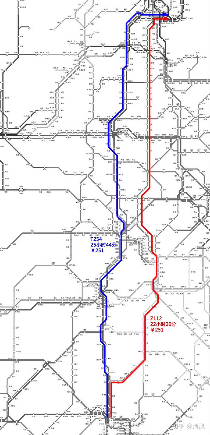 (8)广州→天津 分别走京广线,京九线,两线高度平行,甚至价格都是一样