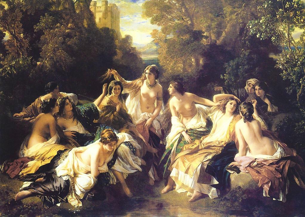 有一幅<em>西方</em>油画,几个<em>少女</em>趴在水边戏水玩耍看