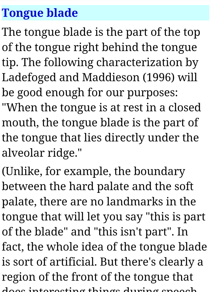 tongue blade,alveolar ridge tip, blade, front and back of the tongue分别指哪里?