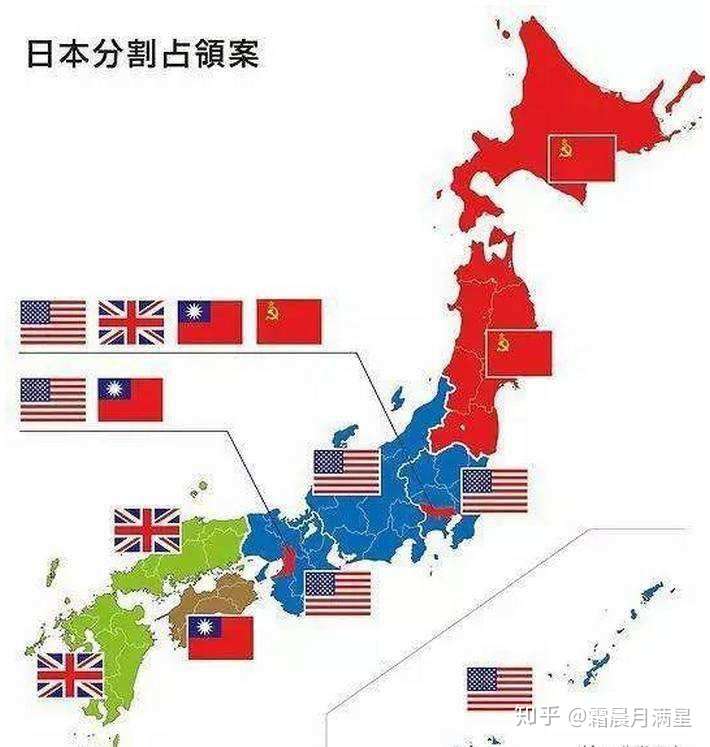 二战后同盟国(美苏中英四国)对日本领土分区占领计划的示意图