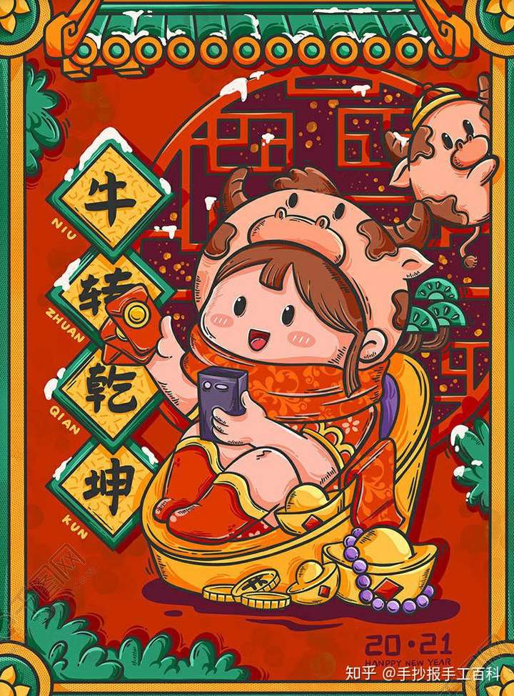 元旦春节儿童画海报插画素材潮牛来袭