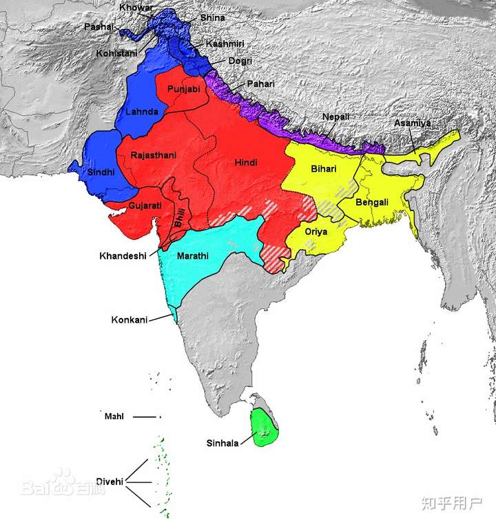 印度语族分布范围(包含巴基斯坦孟加拉斯里兰卡尼泊尔等国)