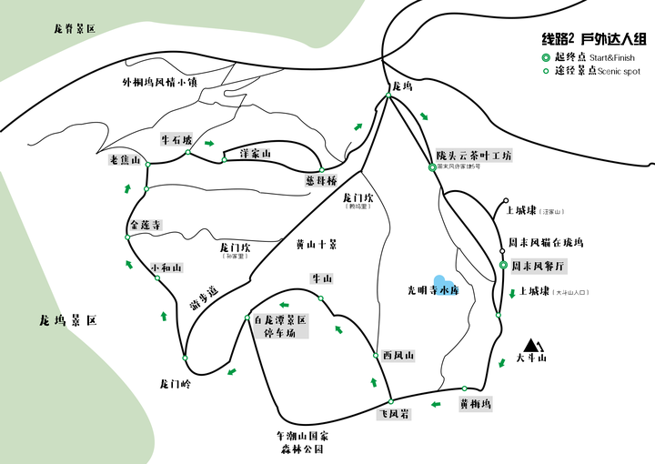 黄梅坞→飞凤岩→西凤山→牛山→白龙潭景区停车场→龙门岭→小和