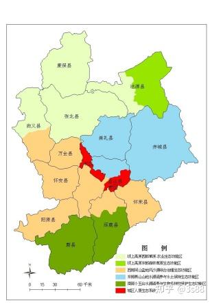 在考虑行政单位完整性的基础上,将张家口分为"一轴两翼一区"的功能