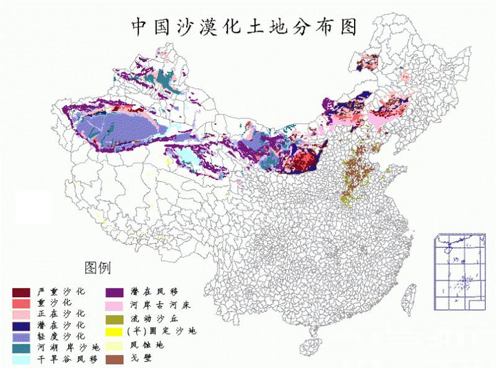 上图是1996年中国沙漠化土地分布图,可以看到,整个河北都面临沙漠化的