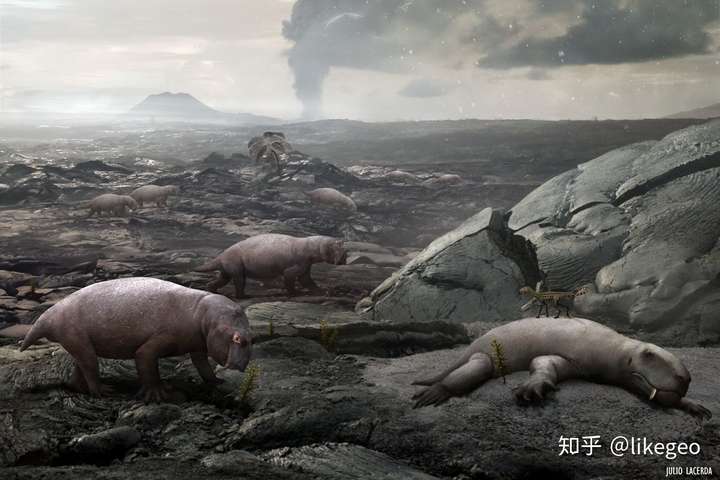 陆地频繁的火山喷发,导致有毒气体爆表,陆地动物重创,图中应该是二齿
