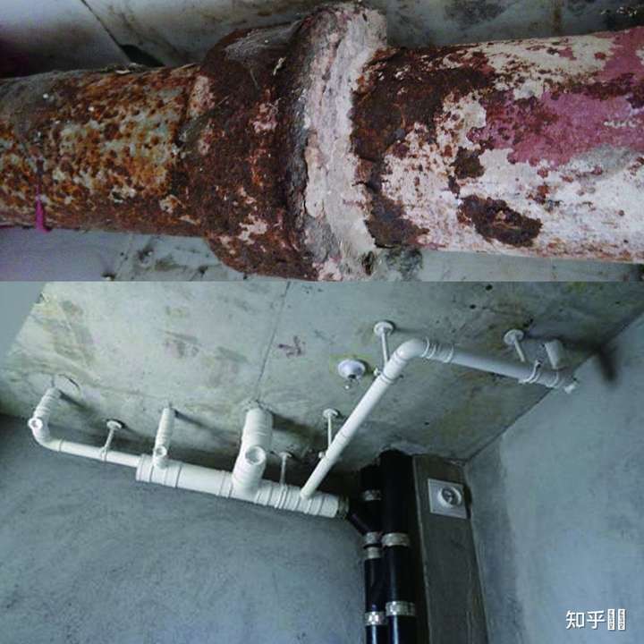 图1是表面腐烂的铸铁管,图2是目前新房的主流的pvc下水,图片来自百度