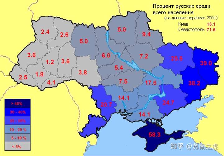 俄罗斯人占乌克兰当地人口百分比.2001年老图,大概是这么个意思.