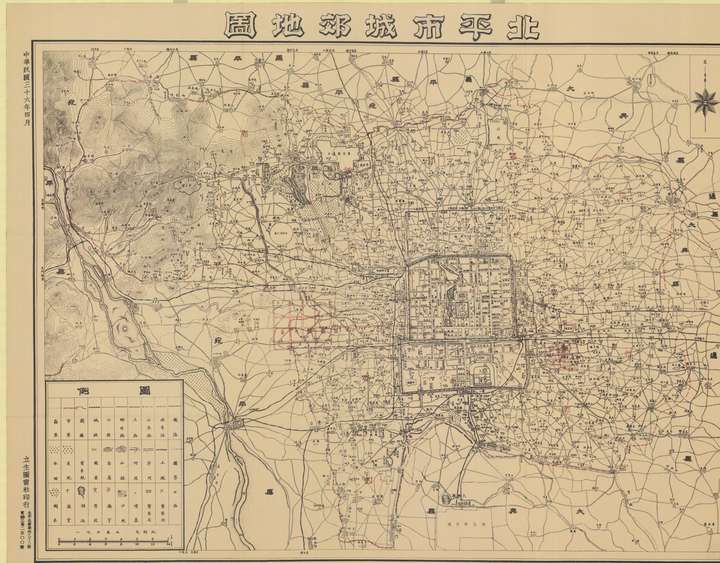老北京地图,京城加上东南西北四个郊区.