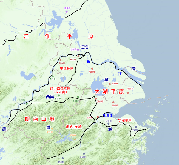 注意宁镇丘陵部分属于江淮与吴的过渡区.