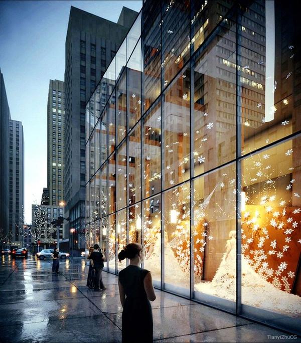 玻璃材质体现在建筑的玻璃幕墙,橱窗等展示立面,烘托商业氛围.