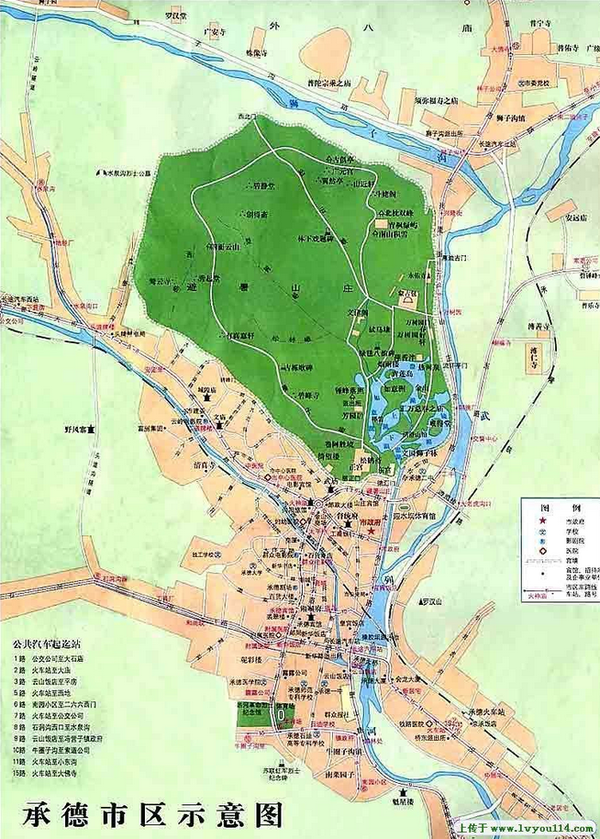 承德市区地图,可见50万人的市区面积和避暑山庄相当.