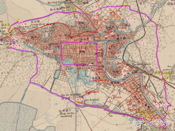 绘制濠墙走向所利用的老地图主要有:"1900德制天津地图","1903德制