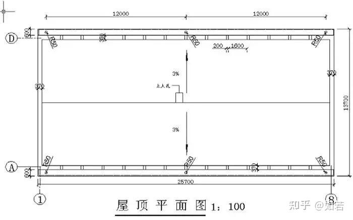 某单位住宅楼底层平面图屋顶平面图主要反映屋面上天窗,水箱,铁爬